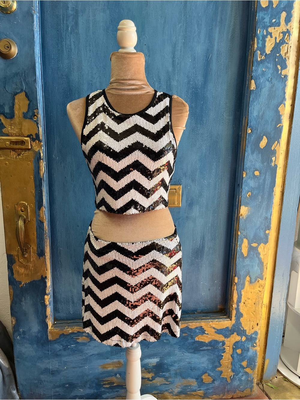 Forever 21 Black and White Sequin Chevron Crop Tank & Skirt Set